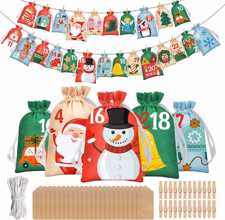 Calendario dell'Avvento da riempire: 24 sacchetti per il calendario dell'Avvento, sacchetti in tessuto, sacchetti regalo per Natale, calendario di Natale da riempire