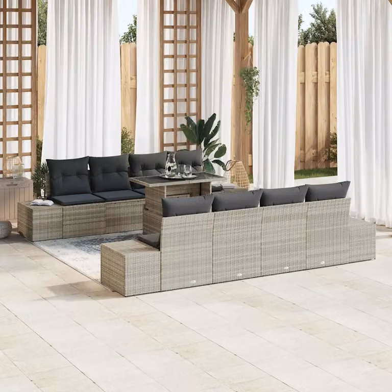 Set Divano da Giardino vidaXL in Polyrattan Grigio, 9 Pezzi con Forma a U e Tavolino