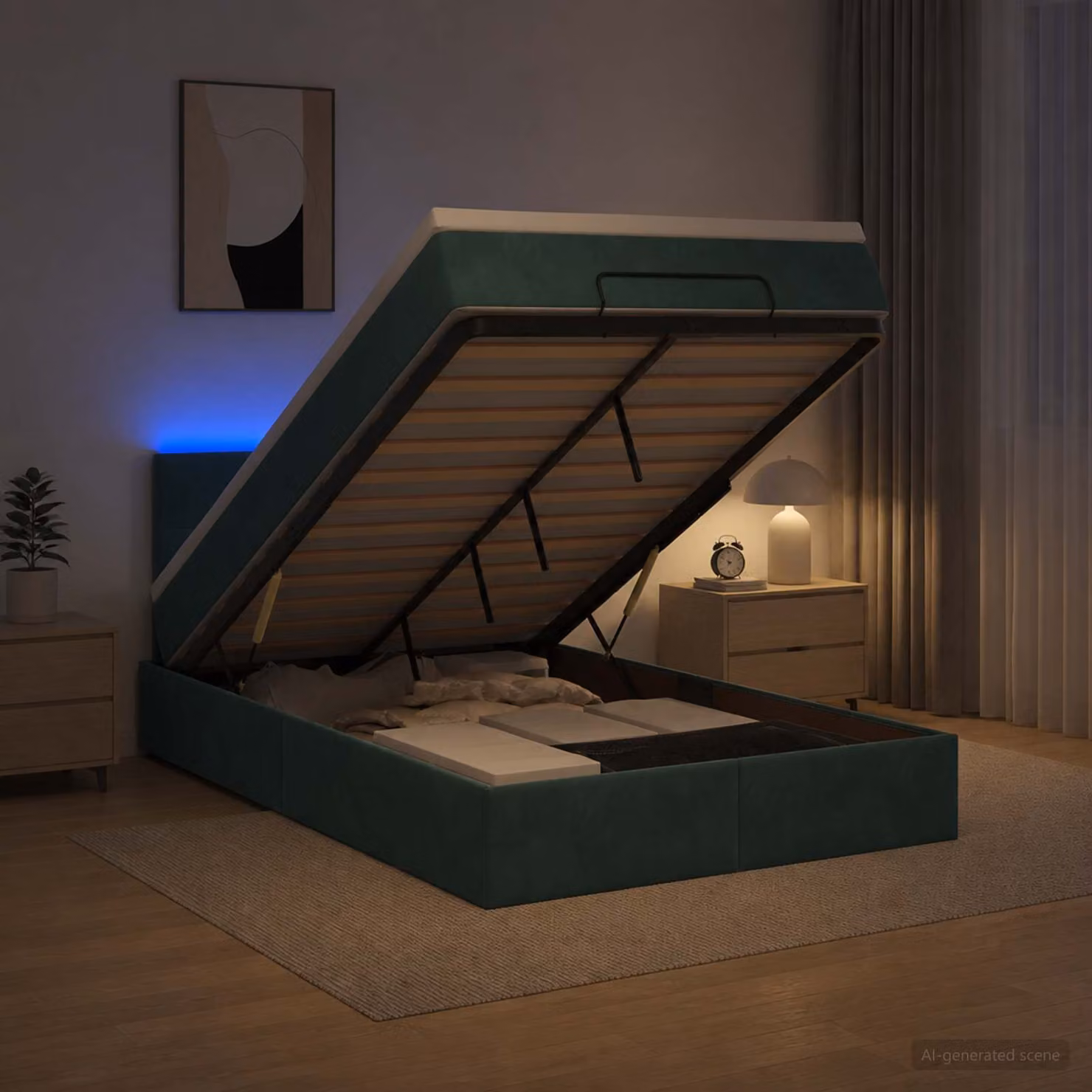 Letto Ottomano vidaXL con Materasso Ibrido e Illuminazione LED sotto il letto, Rivestimento in Velluto Verde e Bianco, L/P/H: 200 x 120 x 88 cm