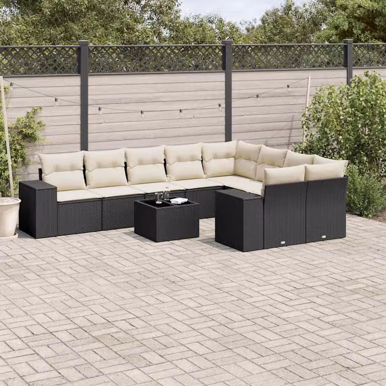 Set di Divani da Giardino vidaXL in Polyrattan Nero con Cuscini e Tavolino da Esterno a Forma di L