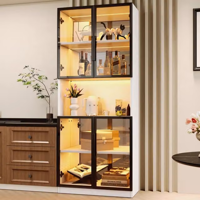 Vetrina 70x30x170 cm con illuminazione LED e schienale a specchio in MDF bianca