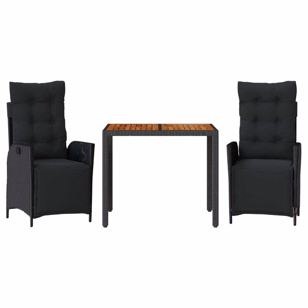 Set da Pranzo da Giardino 3 pz con Cuscini Nero in Polyrattan
