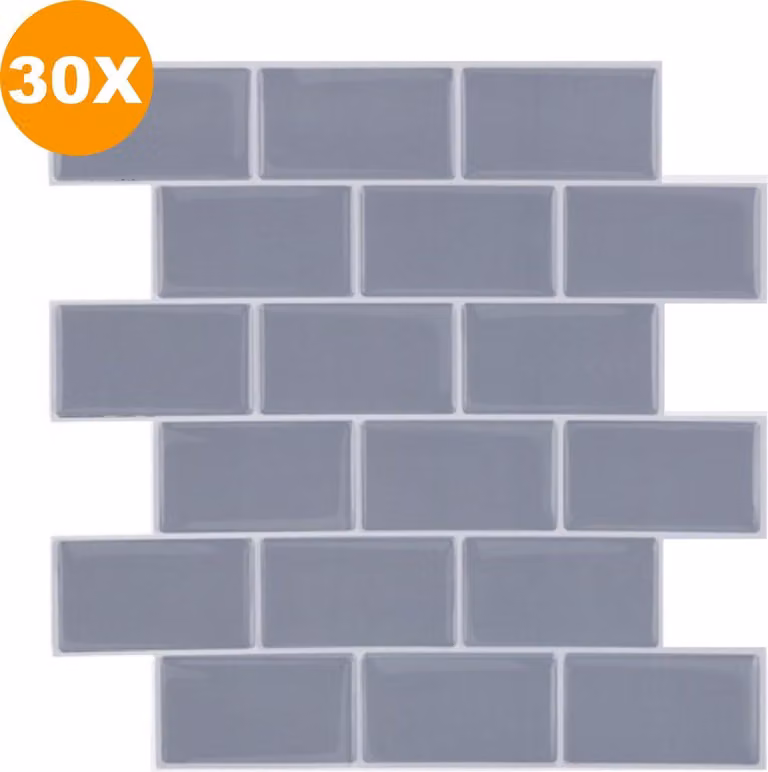 Happyment 3D Sticky Tiles Deluxe - Grigio - 30 pezzi - Pannelli murali autoadesivi per cucina e bagno