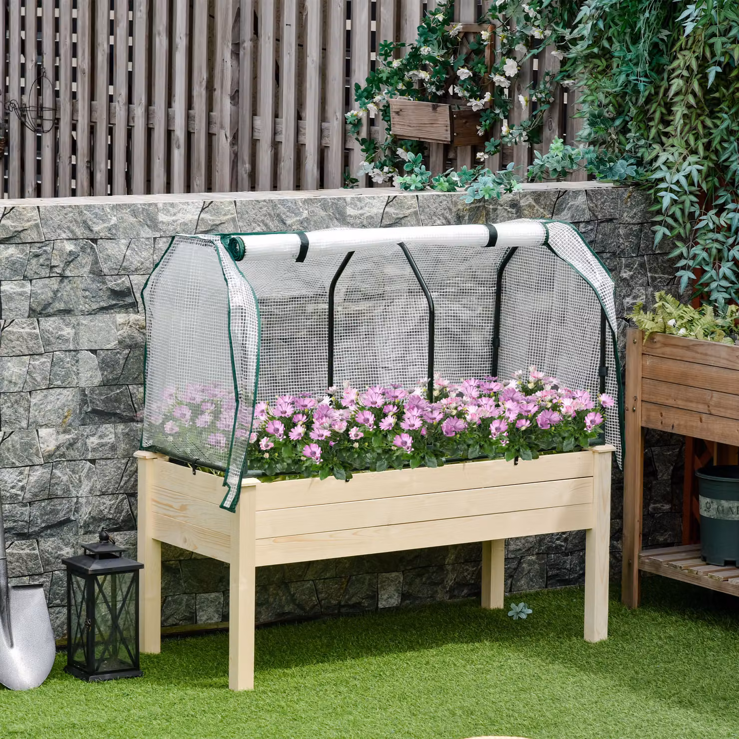 Letto per orto in cassetta con serra da giardino Outsunny in legno e PE marrone per fiori e verdure – 2