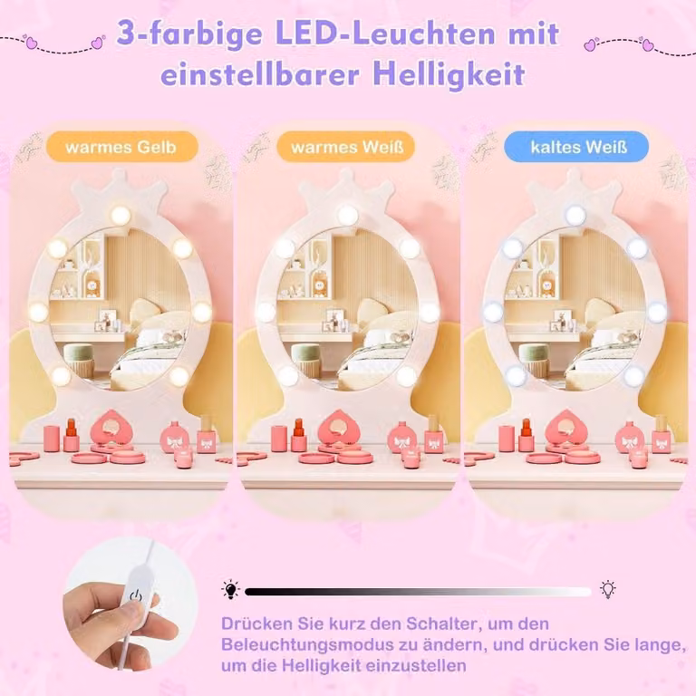 Toeletta per bambini con illuminazione 2 in 1 toeletta principessa con specchio rimovibile bianco
