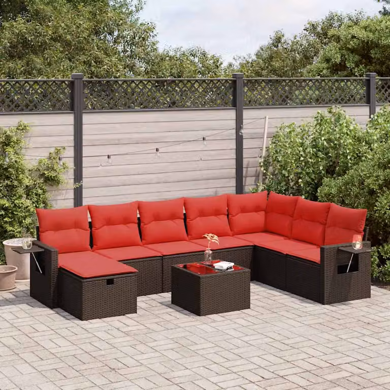 Set Divani da Giardino vidaXL 9 Pezzi a Forma di L con Cuscini Marrone e Tavolino in Polyrattan e Acciaio