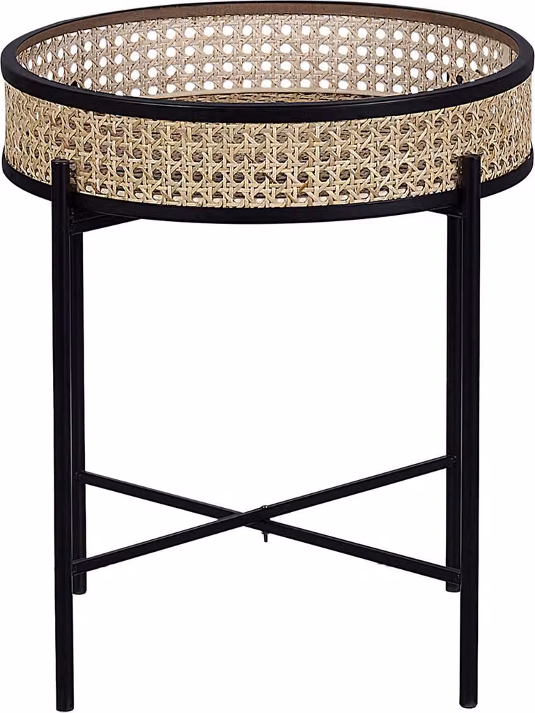 BELIANI Tavolino in metallo nero, tavolino in rattan chiaro, rotondo boho