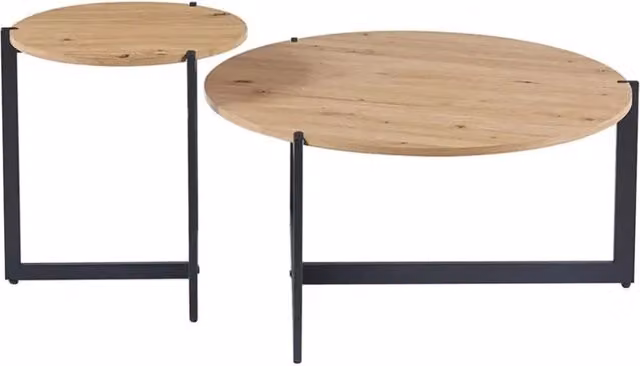 Set di due tavolini rotondi in stile industriale collezione BIANCA - Colori rovere chiaro e nero.