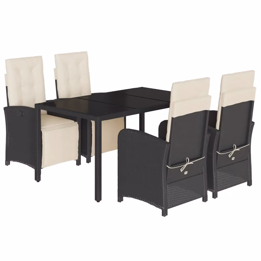 Set da Pranzo da Giardino vidaXL 5 pz in Polyrattan Nero con Cuscini e Tavolo in Vetro – 2