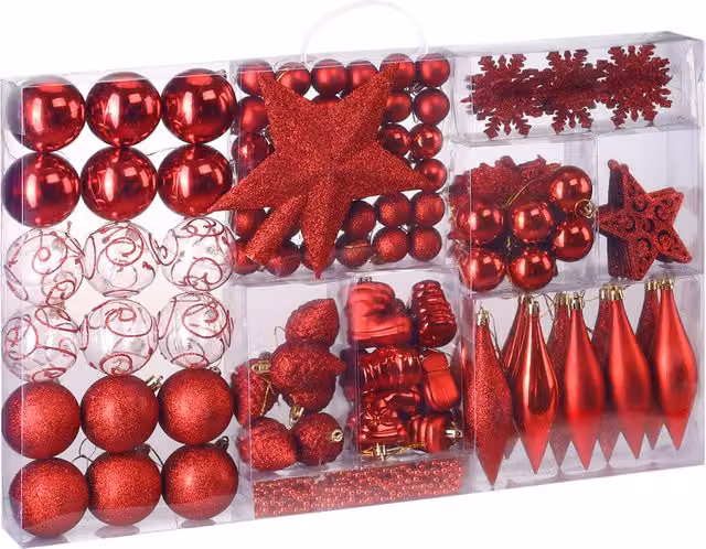 Set di 102 palline di Natale Casaria rosse con decorazioni a cuori, stelle e foglie in plastica