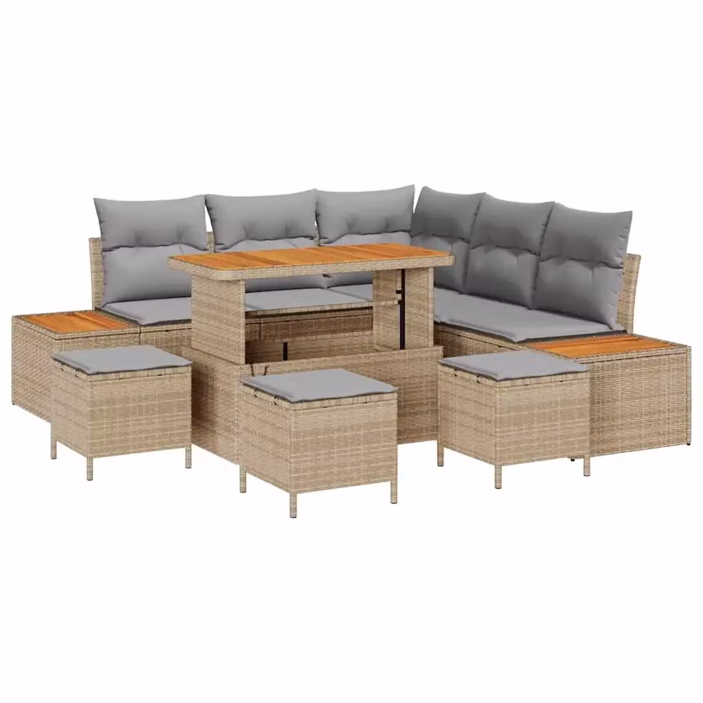 Set Divano da Giardino vidaXL 9 Pezzi a Forma di L con Cuscini Beige e Tavolino in Legno di Acacia e Metallo – 2