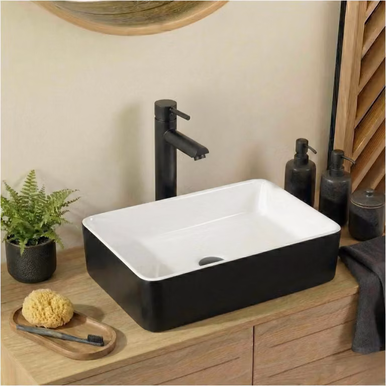 Lavabo da appoggio rettangolare in Vetroceramica bicolore bianco e nero, 47x36cm, YDRA
