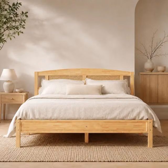 Letto matrimoniale in legno e rattan PE 160 × 200 cm naturale con 15 doghe e piedini centrali