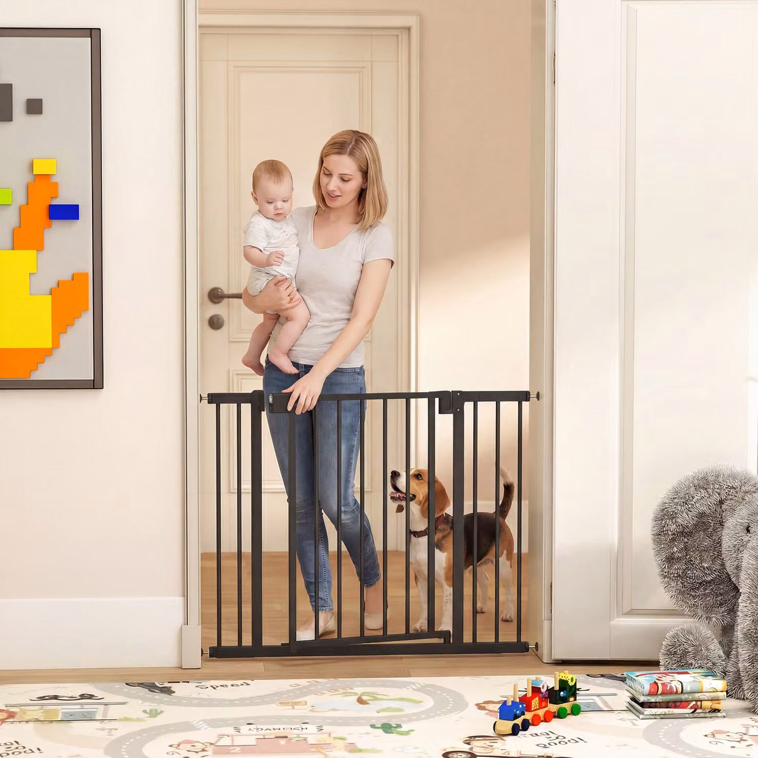 Barriera di Sicurezza Estensibile PawHut per Cani e Neonati, Installazione a Pressione, Bianco, Larghezza: 76-102 cm – 2