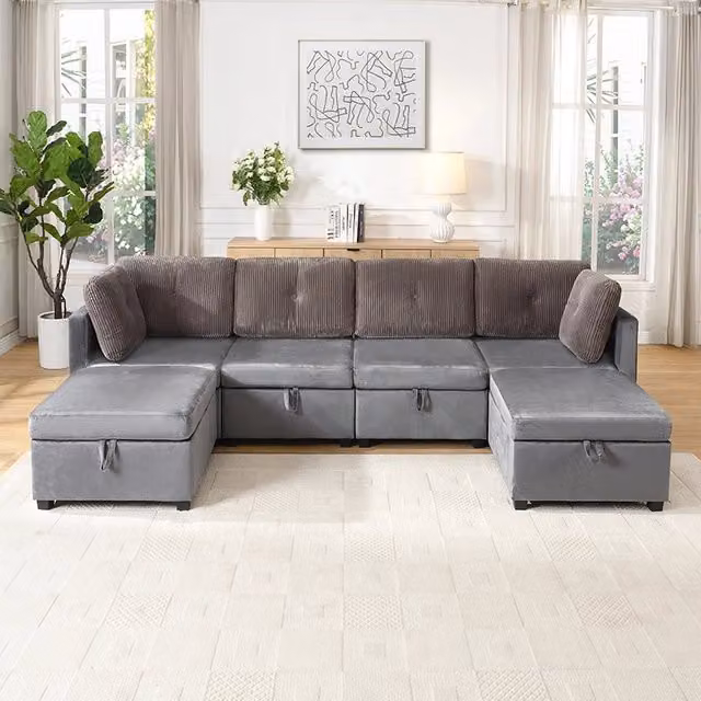 Divano modulare a U REDOM in velluto e corduroy grigio, L: 261 cm, P: 132,5 cm