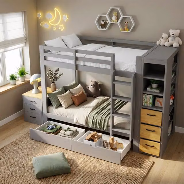 Letto a castello Mivray in legno grigio con cassetti, scaffale laterale, scala e comodino, dimensioni 90 x 200 cm