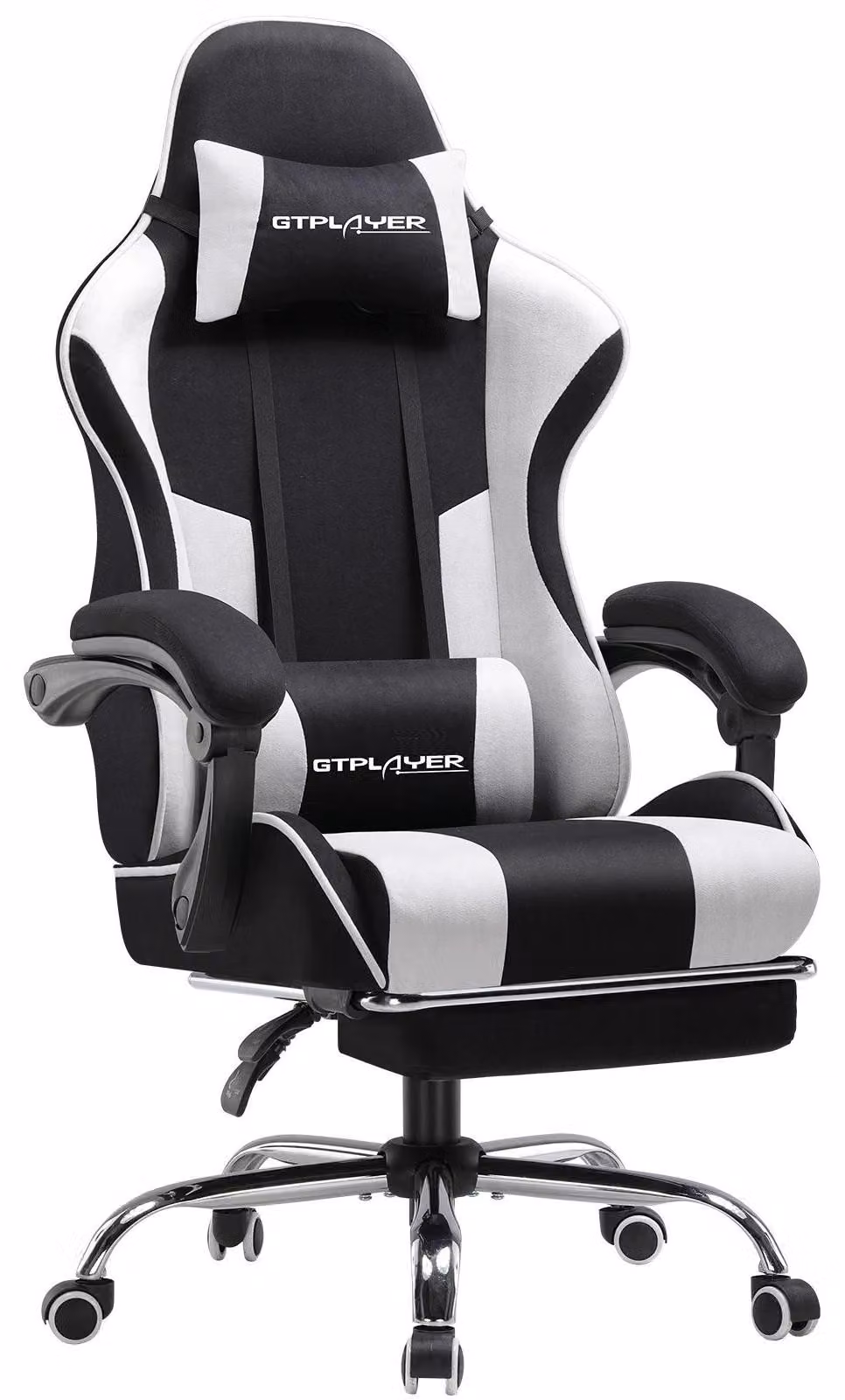 Sedia da gaming - Sedia da ufficio GT800A-FA - Ergonomica - Rivestimento in tessuto - Regolabile in altezza - Poggiapiedi - Poggiatesta e cuscino lombare - 150 kg - Bianco/Nero