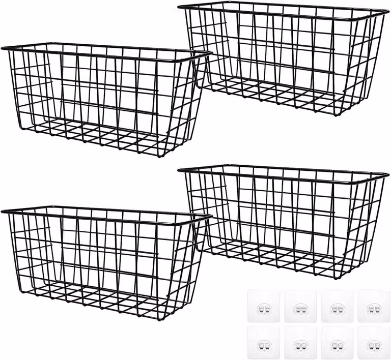 Cesti portabiancheria, set da 4 pezzi, dimensioni 28x12x12,5 cm, metallo nero, con ganci adesivi, ideali per la cucina