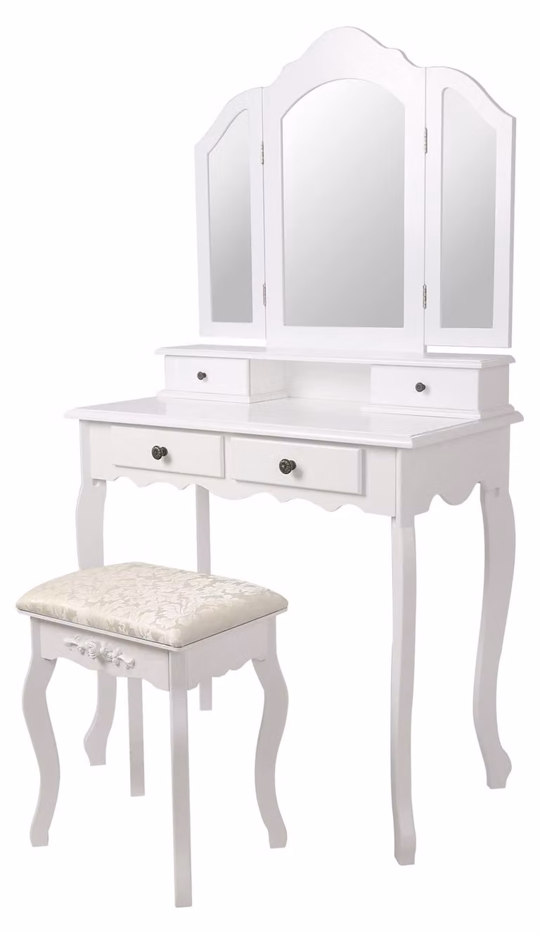 Comò con sgabello, 3 specchi, 4 cassetti, 75x140x40 cm, stile rustico
