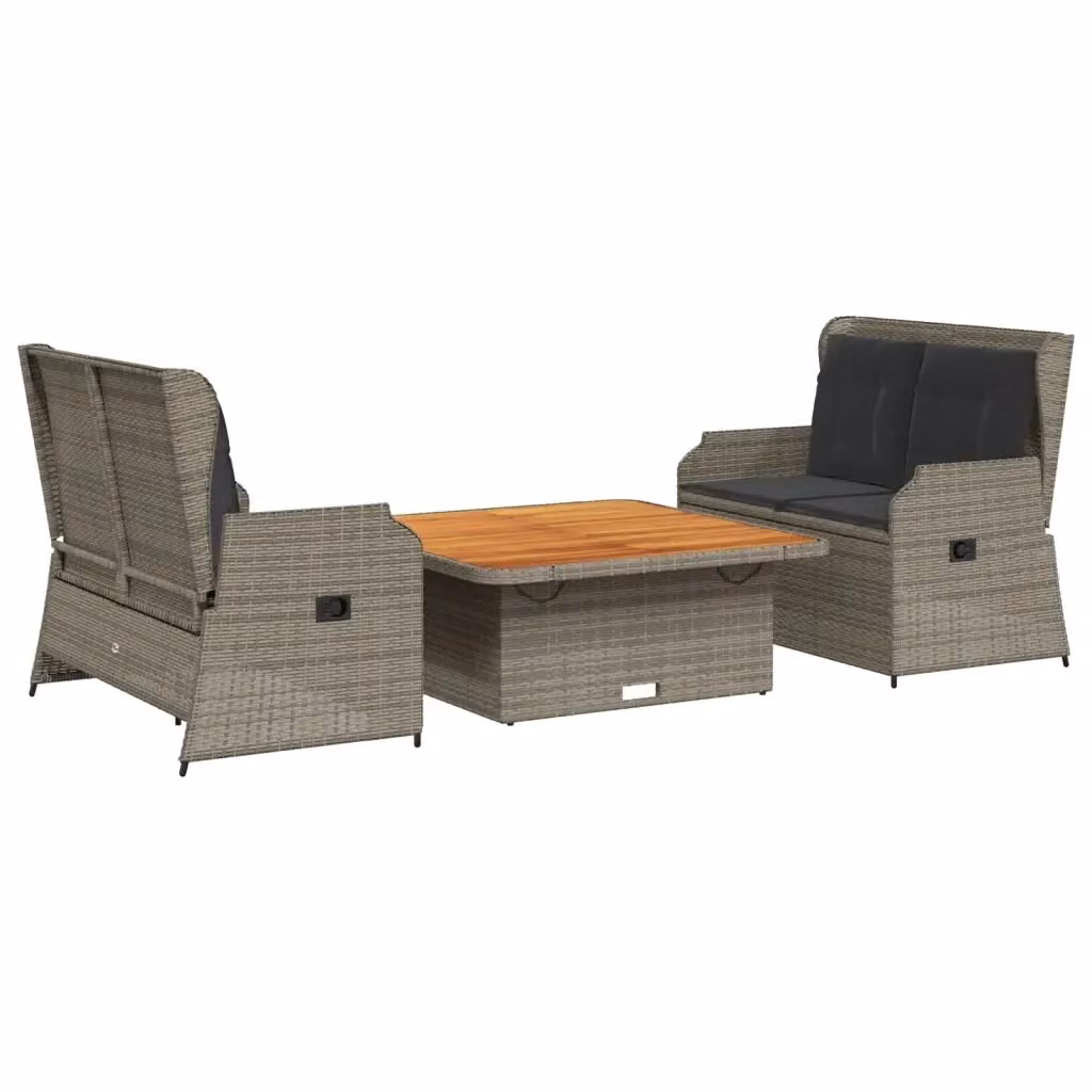 Set Divani da Giardino vidaXL 3 Pezzi con Cuscini e Tavolino in Polyrattan e Acciaio Grigio e Marrone – 2