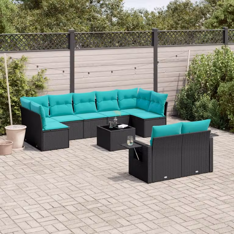 Set di divani da giardino vidaXL in polyrattan nero con cuscini e tavolino da esterno a forma di L