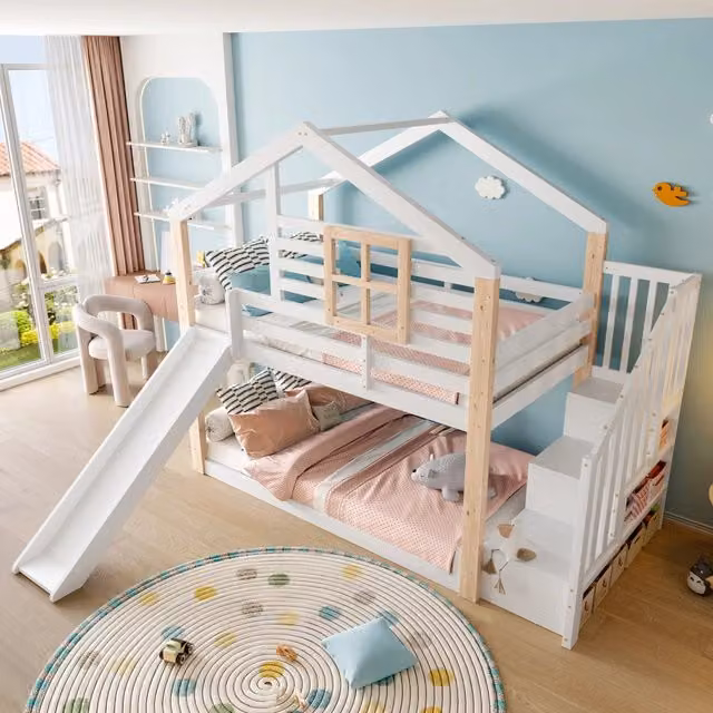 Letto a castello per bambini 90 × 200 cm con scivolo, scala con contenitori, senza materasso, legno, bianco