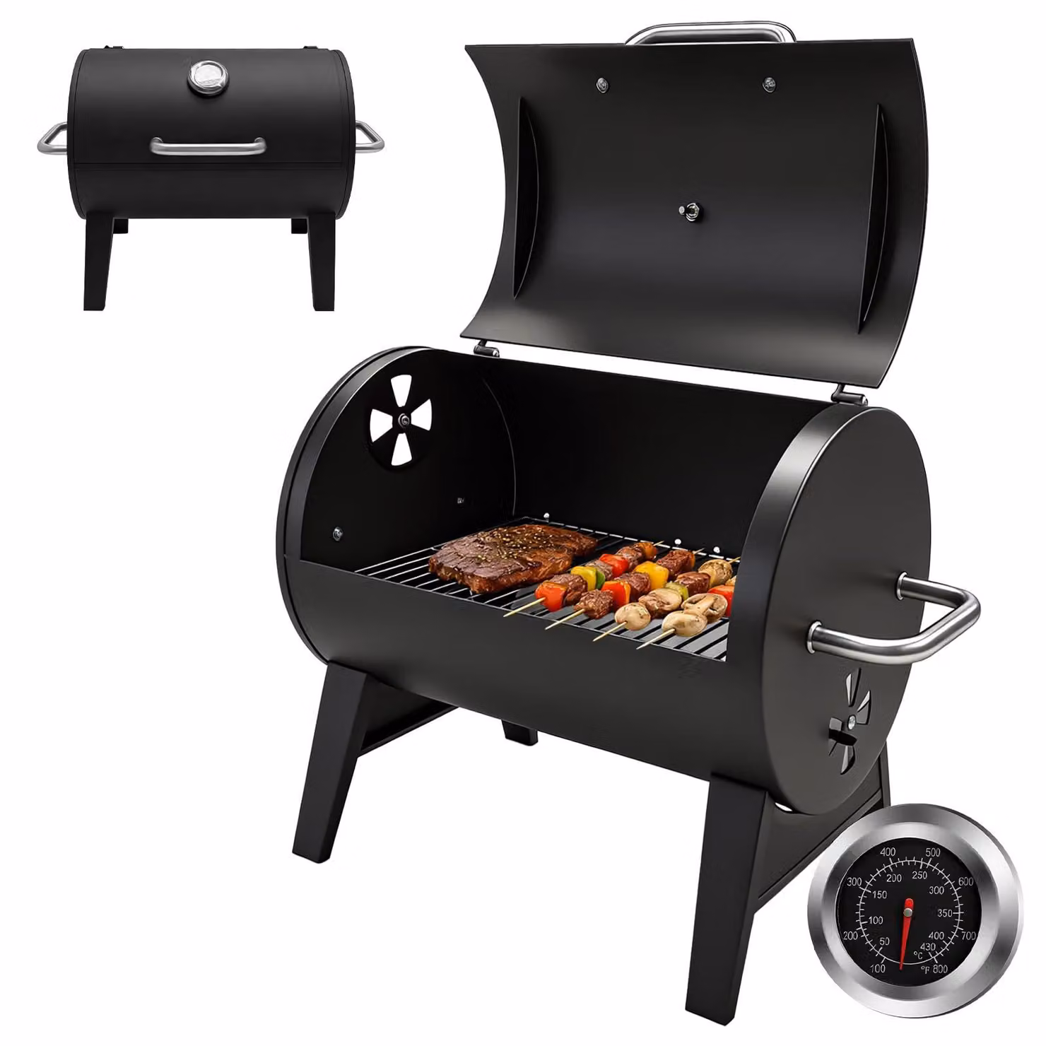 Barbecue a carbone con serbatoio – dotato di termometro – 43x32 cm. Superficie di cottura: metallo