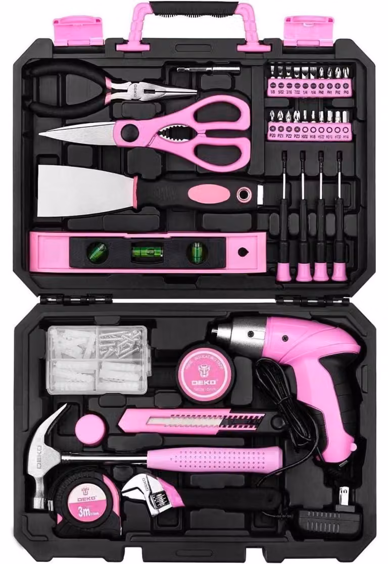 Valigetta degli attrezzi rosa, 98 pezzi, con avvitatore a batteria da 3,6V, ideale per la casa e l'ufficio