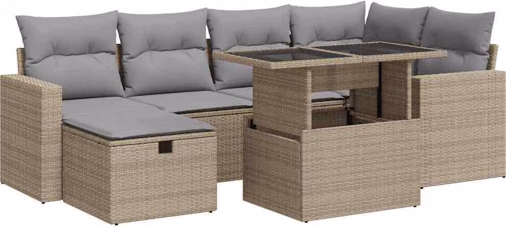 Set Divani da Giardino 7 pz con Cuscini Beige in Polyrattan
