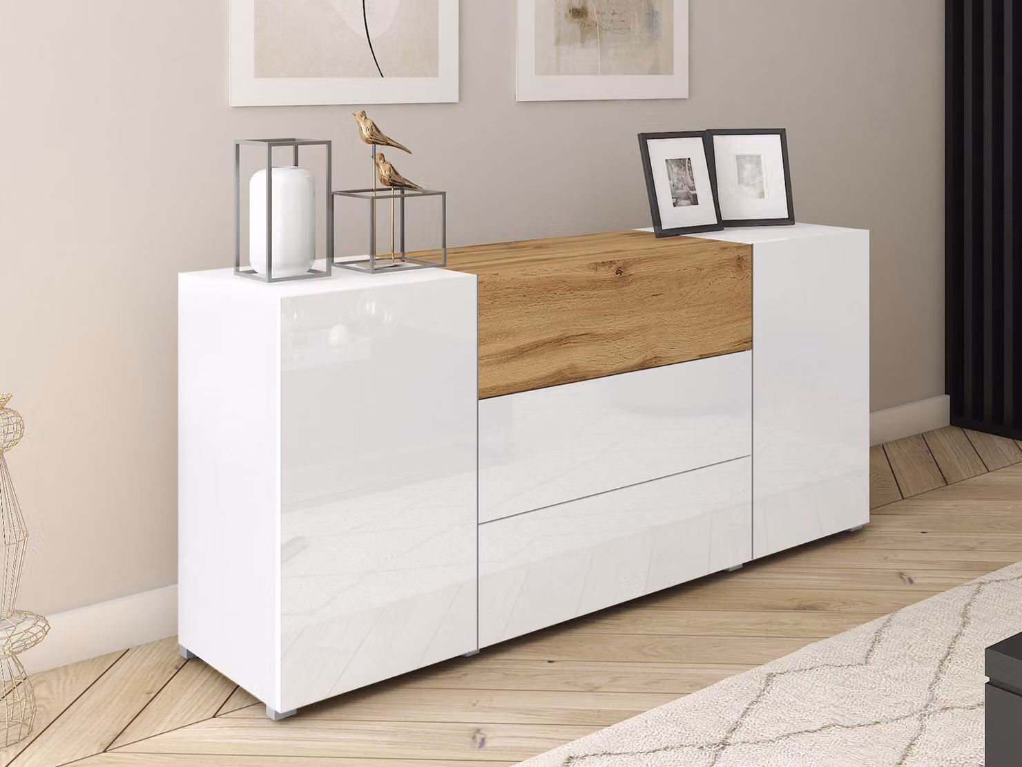 Cassettiera combinata HEXIO - bianco / bianco lucido + rovere wotan