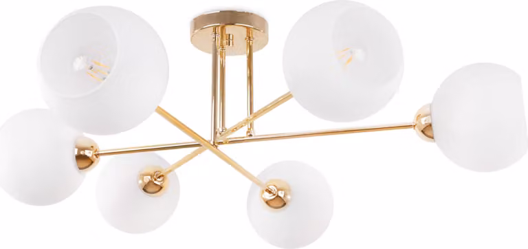 Lampada da soffitto Asturia oro a 6 luci con paralume in vetro bianco E27