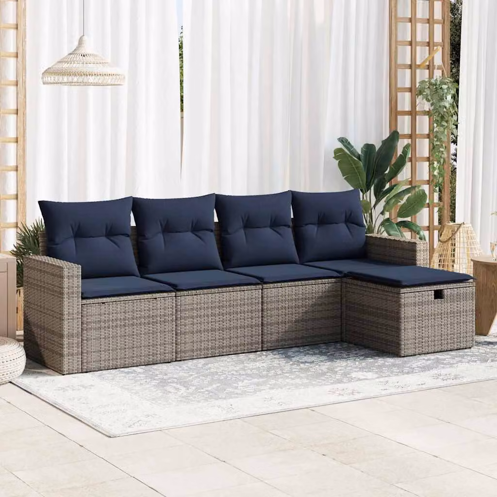 Set Divano da Giardino a L vidaXL in Polyrattan con 5 Pezzi e Cuscini Imbottiti Grigio e Blu