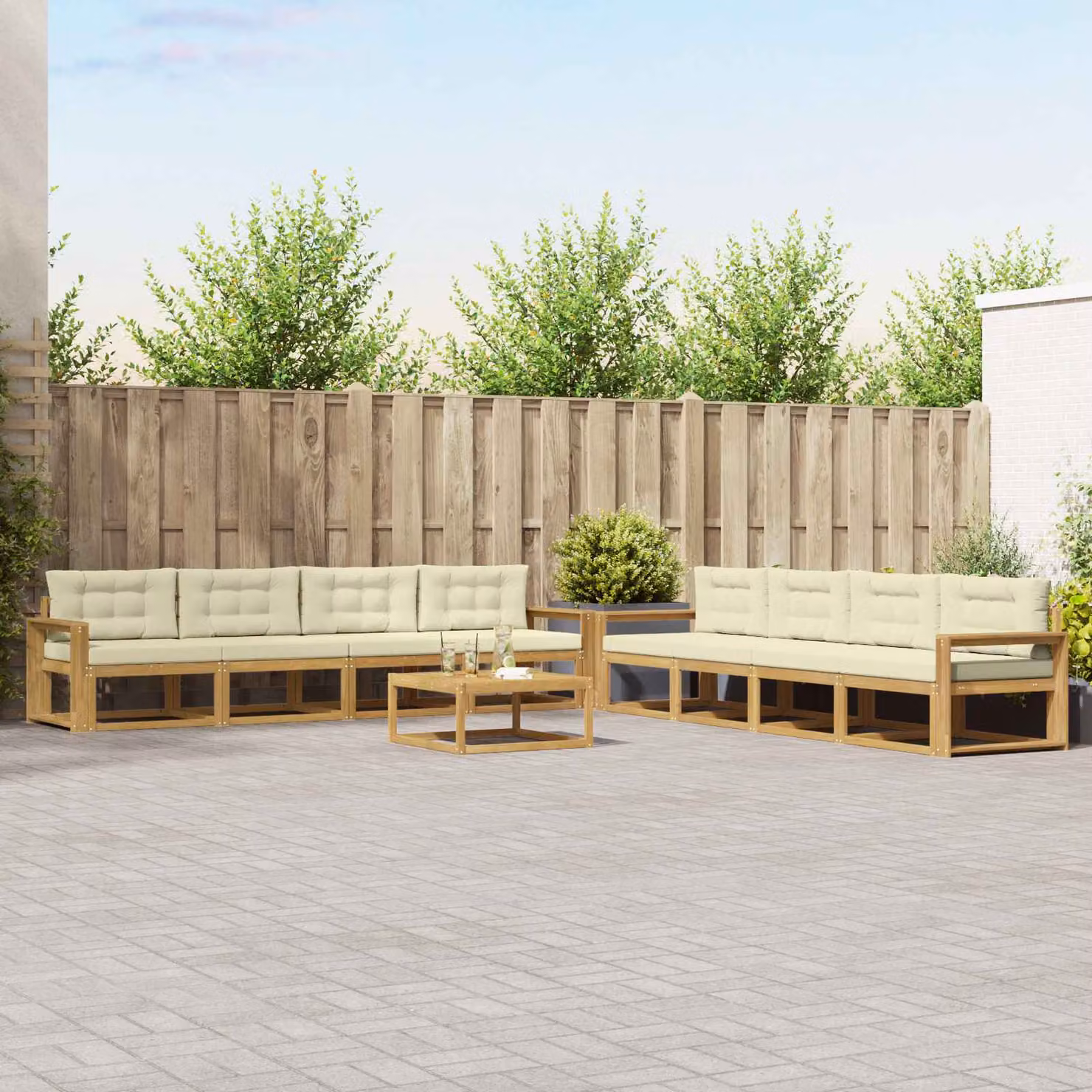 Set di divani da esterno vidaXL a forma di U composto da 9 pezzi con tavolino da caffè, in legno di acacia e tessuto bianco, beige e marrone