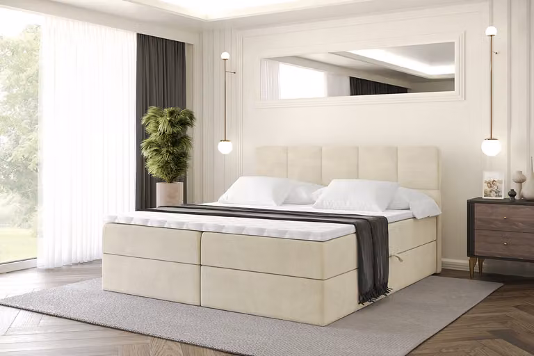 Letto boxspring ALTDECOR con materasso e rete a doghe, topper, letto imbottito con contenitore, letto con spazio contenitivo e materasso H3, letto matrimoniale, letto a cassettoni - LIRO - 180x200 - Beige Monolith