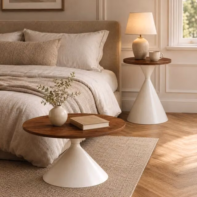 Set di 2 Tavolini Rotondi Ø70x40 cm e Ø50x50 cm in Legno Noce con Struttura in Acciaio Crema per Soggiorno e Zona Relax