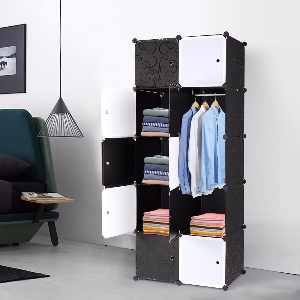Armadio ALIGHTUP con 1 barra appendiabiti, sistema modulare fai-da-te, divisori componibili, design profondo, 5 livelli con 10 scomparti, dimensioni 72x47x142 cm, colore nero e bianco