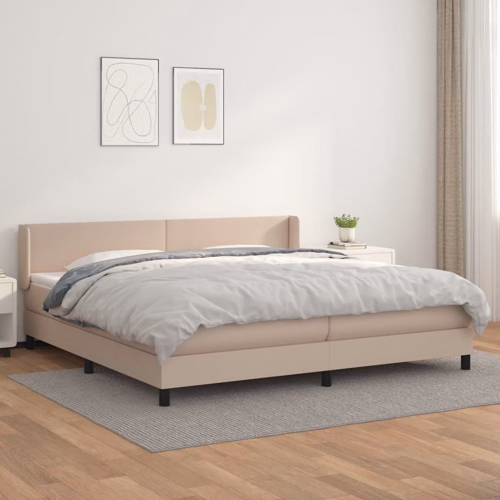 Letto con boxspring e materasso, colore cappuccino, dimensioni 200x200 cm, rivestito in ecopelle