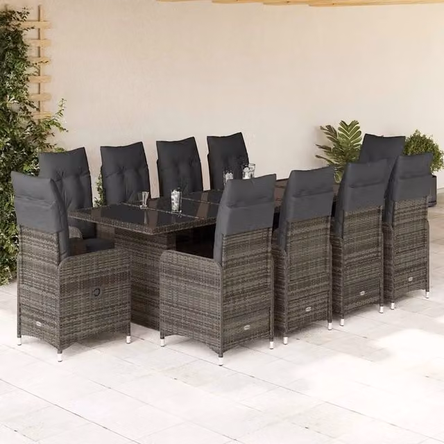 Set Bistrò da Giardino vidaXL 11 pz in Polyrattan Grigio con Piano in Vetro