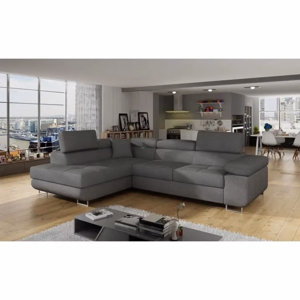 Divano ad angolo convertibile MENTON MEUBLORAMA grigio in tessuto con contenitore e funzione letto, angolo sinistro, L 272 cm x P 145 cm x H 85 cm – 2