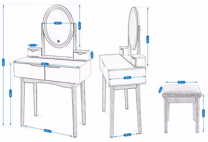 Tavolino da trucco con specchio illuminato a LED, 4 cassetti e finitura bianco opaco con dettagli in legno di betulla