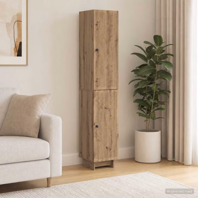 Set di mobili moderni vidaXL in legno ingegnerizzato e MDF colore rovere, composto da lowboard, pensile e colonna con ante scorrevoli e illuminazione integrata, L/P/H: 90 x 33 x 34,5 cm e 90 x 33 x 28,32 cm