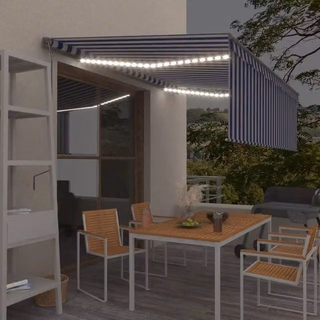 Tenda Automatica Parasole LED Sensore Vento 4,5x3 m Blu Bianco 3069451