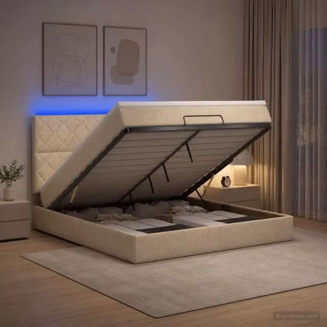 Letto Ottomano con Materasso e LED Crema 160 x 200 cm Tessuto 3458171
