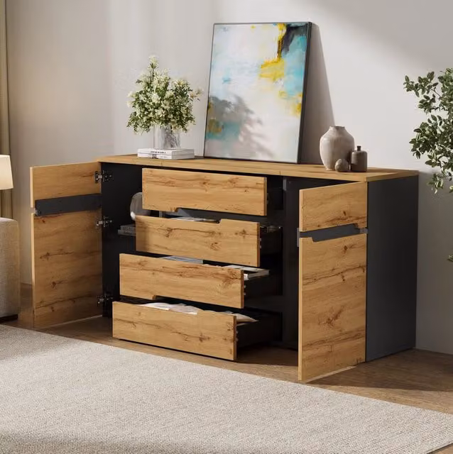 Credenza moderna MODFU per soggiorno e sala da pranzo con 2 ante e 4 cassetti, effetto legno e nero, L: 160 cm, P: 40 cm, H: 80 cm