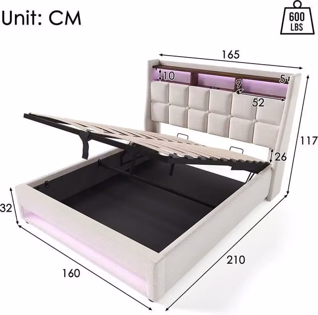 Lit 160x200 cm - Xylo - Rimbottito USB LED - Senza materasso Beige