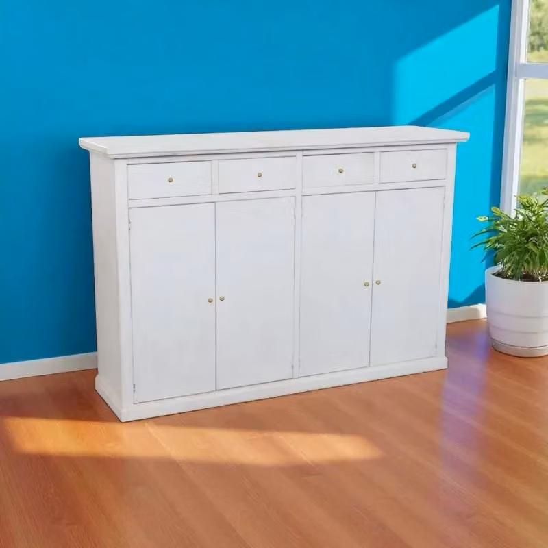 Madia credenza in legno di pino stile shabby chic bianco anticato con 4 porte e 4 cassetti Mobili 2G L: 160 cm, P: 35 cm, H: 110 cm – 2
