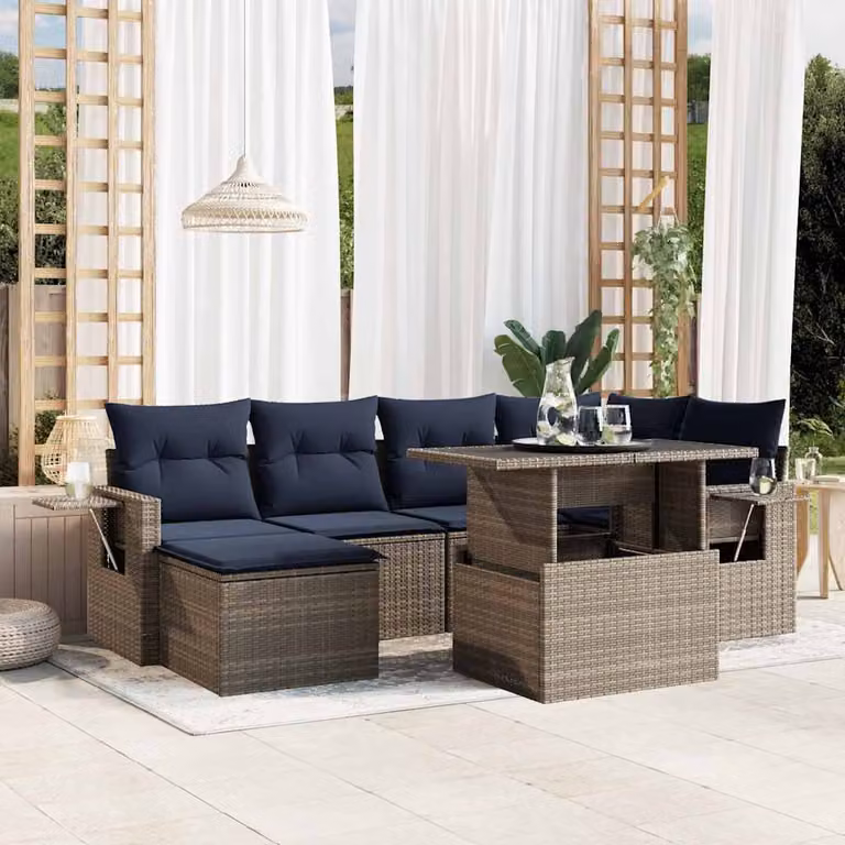 Set Divani da Giardino vidaXL 7 Pezzi in Polyrattan Grigio con Cuscini e Tavolino per Esterno