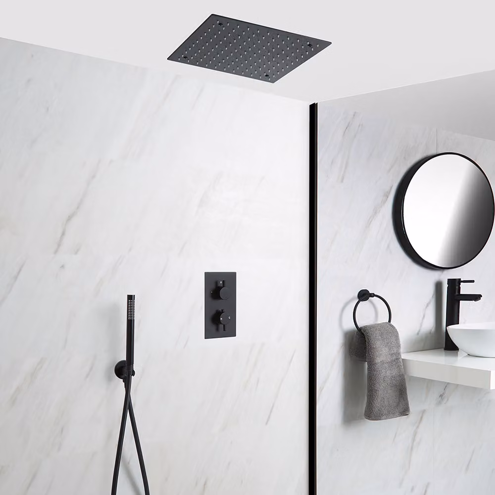 Doccia Termostatica Nera con Miscelatore, Soffione Quadrato 400mm e Doccetta - Nox