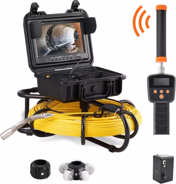 Kit Telecamera Ispezione Tubi e Fognature con Schermo LCD 9 Pollici, Sonda 512Hz, Cavo 91,5 m, Portatile e Impermeabile IP68