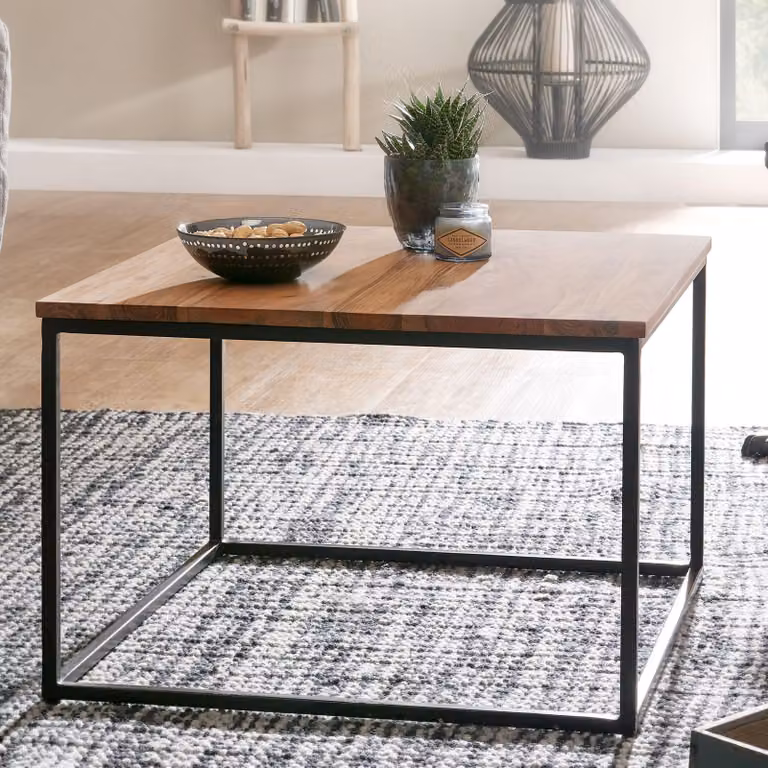 FineBuy Tavolino quadrato 60x60 cm in legno massiccio di acacia - Tavolo da soggiorno con struttura in metallo nero - Realizzato a mano con design industriale